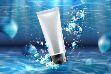 Blank cosmetic plastic tube in 3d illustration underwater with floating bubbles, swimming pool scene