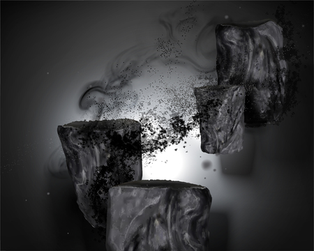 Bamboo charcoal elements with ashes in 3d illustration