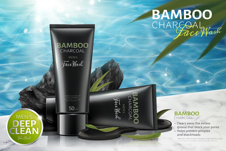 Bamboo charcoal face wash ads with carbons on poolside in 3d illustrationのイラスト素材