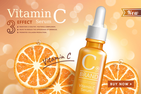 Vitamin C serum ads with refreshing citrus sections and droplet bottle in 3d illustration on glittering backgroundのイラスト素材