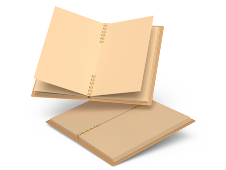 Open kraft paper notebooks mockup set floating in the air in 3d rendering, white backgroundの写真素材