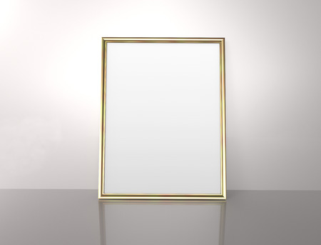 Glossy golden color photo frame with blank copy space leaning on the wall in 3d renderingの写真素材