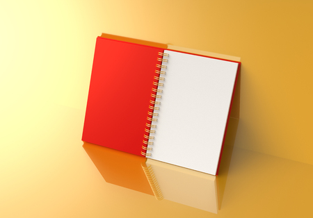 Red hard cover open book lean on the golden wall in 3d renderingの写真素材