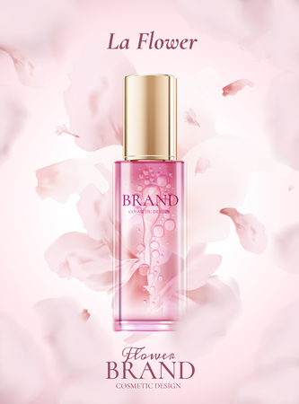 Skin care product ads with flying pink petals in 3d illustrationのイラスト素材