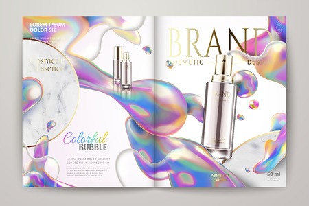 Cosmetic spray on magazine brochure in 3d illustration with rainbow bubblesのイラスト素材