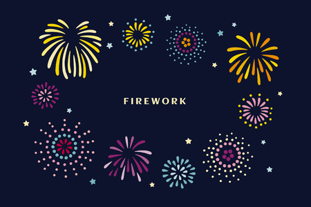 Beautiful fireworks in the night sky in flat designのイラスト素材