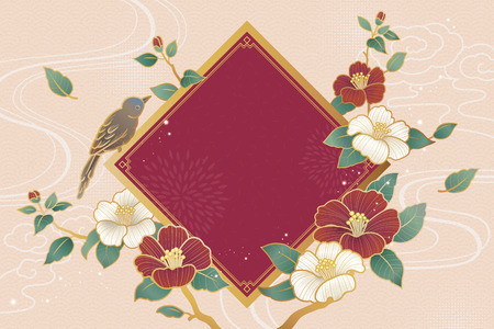 Elegant camellia and bird background with blank spring coupletのイラスト素材