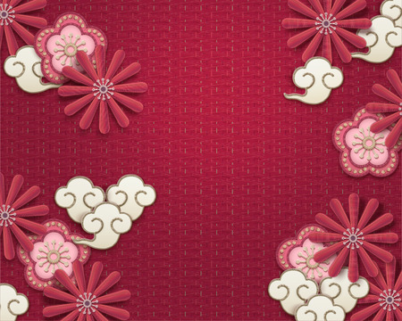 Embroidery plum flower and chrysanthemum background on watermelon redのイラスト素材
