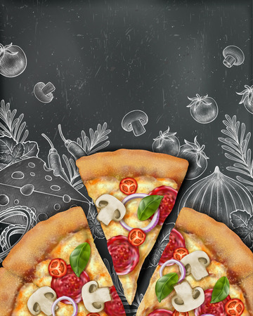 Pizza poster ads with 3d illustration food and woodcut style illustration on chalkboard background, top viewのイラスト素材