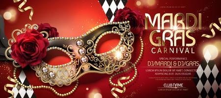Mardi gras carnival banner design with half mask in 3d illustration on red backgroundのイラスト素材