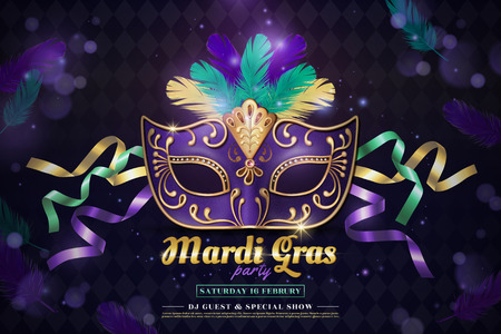 Mardi gras party design with purple half mask and feathers in 3d illustration on shimmering backgroundのイラスト素材