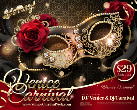 Venice Carnival design with rhinestone half mask and roses in 3d illustrationのイラスト素材