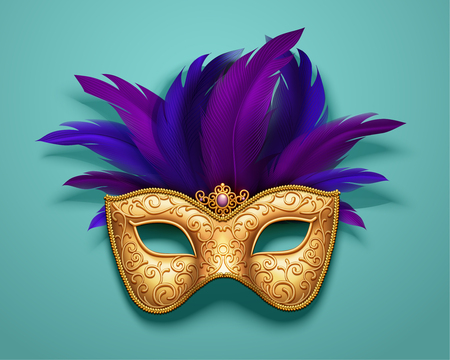 Golden carnival mask with purple feathers decorations on blue background, 3d illustrationのイラスト素材