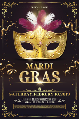 Mardi Gras party poster design with golden mask in 3d illustrationのイラスト素材