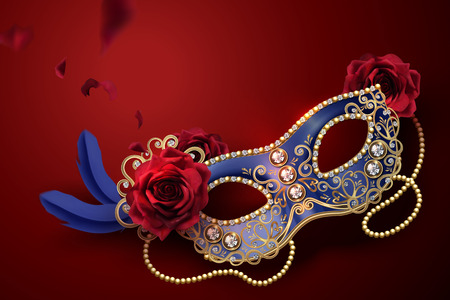 Blue carnival mask with diamonds and roses in 3d illustration on red backgroundのイラスト素材
