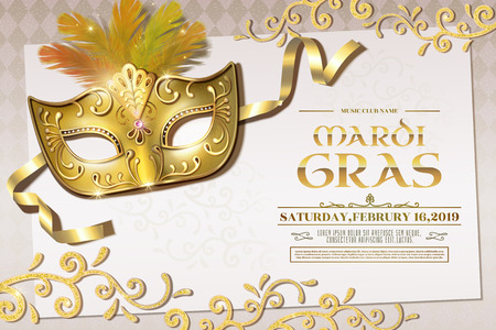 Mardi Gras party invitation design with golden mask and glittering decorations in 3d illustrationのイラスト素材