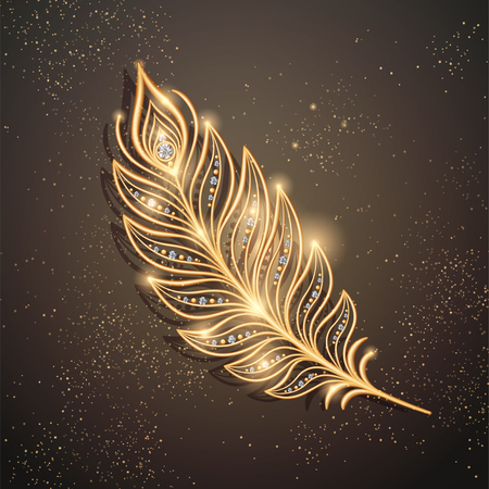 Golden feather brooch decorations with diamonds on sparkling brown background in 3d illustrationのイラスト素材