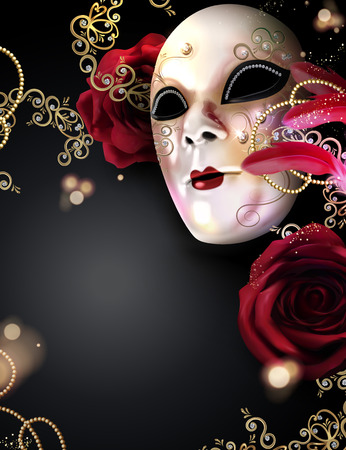 Carnival mask with roses and feathers on black background in 3d illustrationのイラスト素材