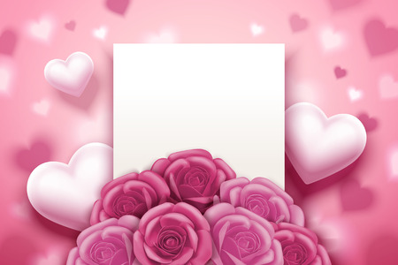 Romantic valentine's card with pink roses and heart decorations, 3d illustrationのイラスト素材
