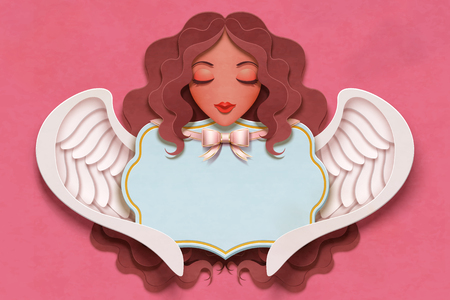 Beautiful angel with curly long hair in paper craft styleのイラスト素材