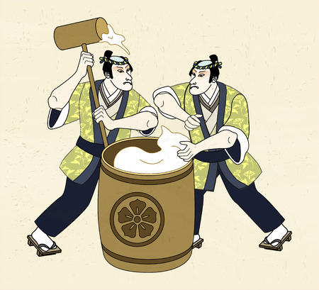 Ukiyo-e style man pounding mochi with big wood malletのイラスト素材