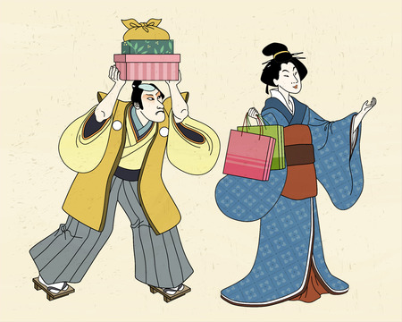 Woman in kimono shopping with her servant, ukiyo-e styleのイラスト素材