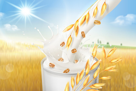 Oat milk pouring into glass cup on bokeh grain field background, 3d illustrationのイラスト素材