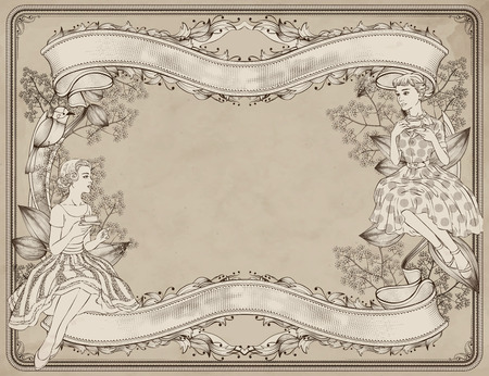 Graceful women having afternoon tea in garden, woodcut style backgroundのイラスト素材