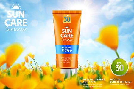 Orange sunscreen ads with product on beautiful bokeh yellow flower garden in 3d illustrationのイラスト素材