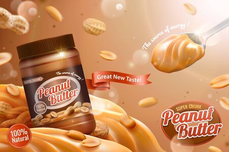 Peanut butter spread ads with spoonful of delicious in 3d illustration