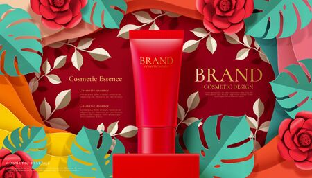Red cosmetic tube ads on square podium paper art tropical leaves and flowers in 3d illustrationのイラスト素材