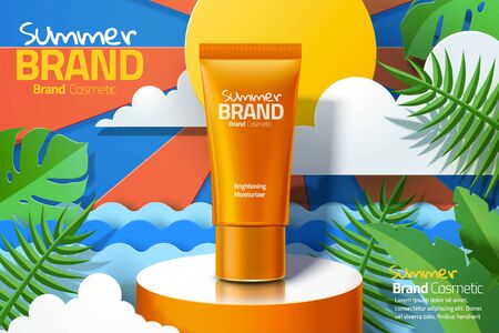 Orange skincare plastic tube ads on summer sunshine paper art background with tropical leaves in 3d illustrationのイラスト素材