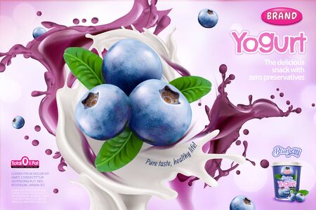 Blueberry yogurt ads with splashing sauce on purple background in 3d illustrationのイラスト素材