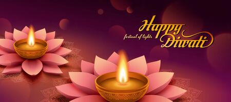 Elegant Happy Diwali Banner With Lotus Oil Lamp On Purple