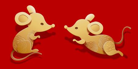 Golden color paper art mice on red background for new yearのイラスト素材