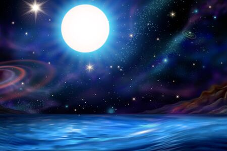 Beautiful glowing full moon and galaxy upon tranquil ocean backgroundのイラスト素材