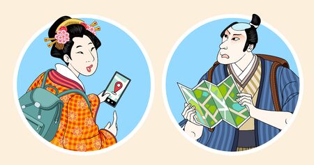 Backpacking Japan elements, with geisha using smartphone and samurai reading map for location, isolated on beige backgroundのイラスト素材