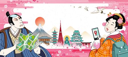 Backpacking in Japan concept, with geisha and samurai ready to visit world famous landmarks of Japan