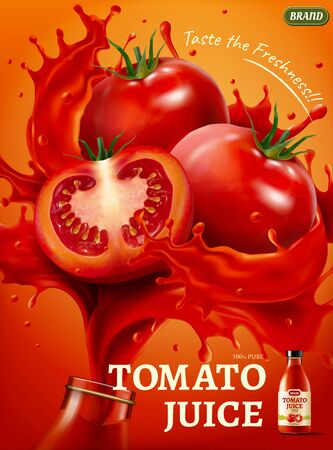 Fresh tomato juice ad, realistic glass bottle rim with whole and sliced tomatoes in splashes, 3D illustrationのイラスト素材