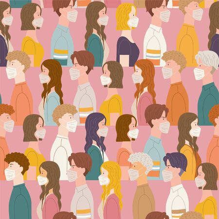 Group of people wearing face masks to protect themselves from COVID-19, flu, allergy, and air pollution, isolated on pink backgroundのイラスト素材