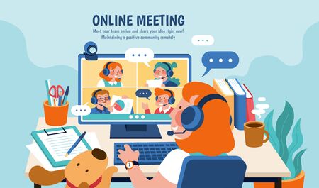A cute red-hair girl is having online conferencing at home with her team members during COVID-19 quarantine, in flat styleのイラスト素材