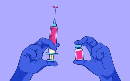 Hands in purple rubber gloves holding syringe injection and vaccineのイラスト素材