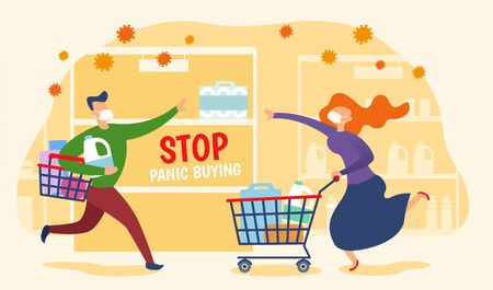 Concept of panic buying during COVID-19 outbreaks, with a man and a woman rushing to grab the last toilet paper roll on shelfのイラスト素材
