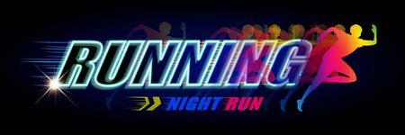 Neon light style night run event banner with colorful halftone runner on black background