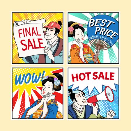 Ukiyo-e comic style characters set for shopping season with striped background and halftone effectのイラスト素材