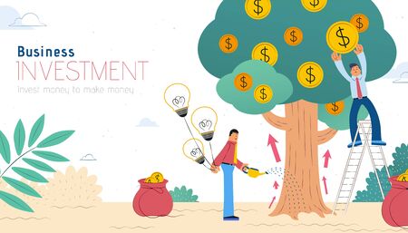 Business investment concept flat design, businessmen watering money tree and get coins from it, revenue and income metaphor illustrationのイラスト素材