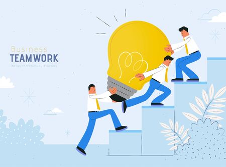 Teamwork concept flat design with businessman carrying giant light bulb up to the stairs, blue backgroundのイラスト素材