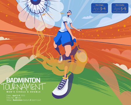 Badminton tournament poster template, bottom up fish eye view of male character striking shuttlecock in flat styleのイラスト素材