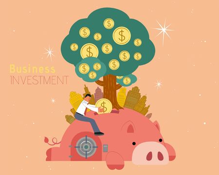 Businessman putting a coin into piggy bank which means investment concept, money tree and city upon the lovey pigのイラスト素材
