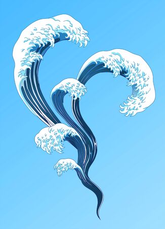Ukiyo-e style splashing wave elements on blueのイラスト素材